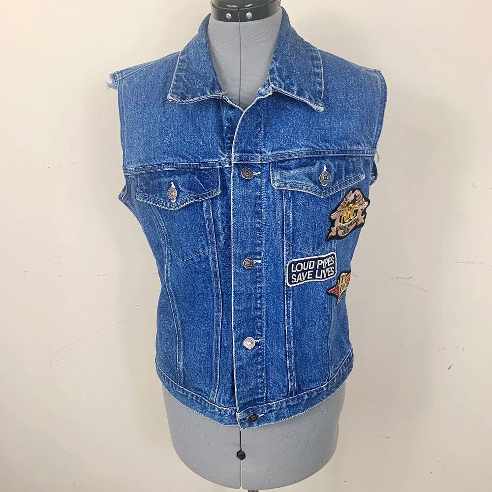 Vintage Y2K Denim Biker Patch Vest Size XL